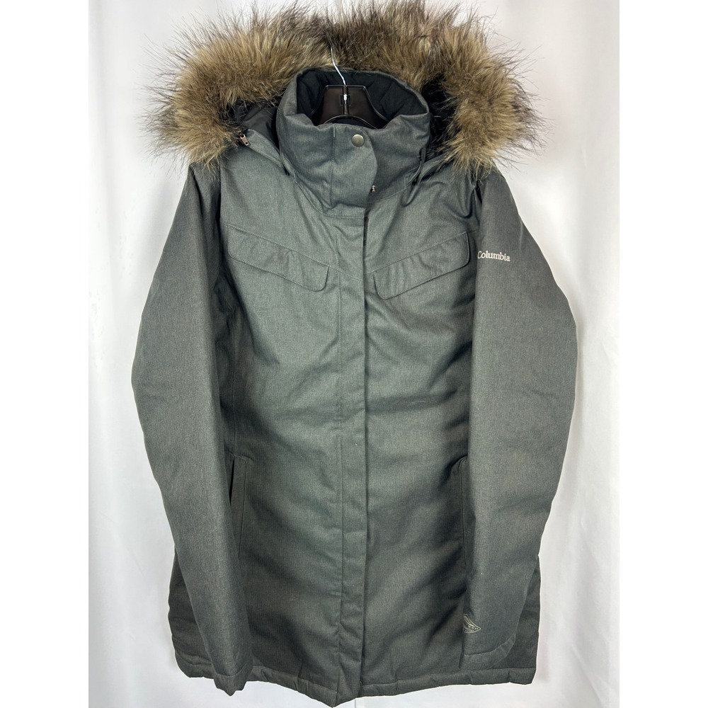 Columbia Down Coat Omni-Heat Parka Long Grey Faux Fur Hood Jacket Large